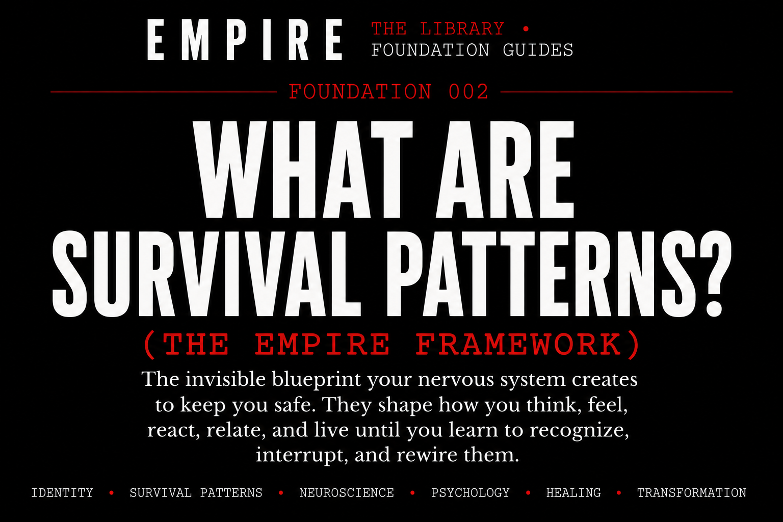 Cover image for “What Are Survival Patterns?” explaining how survival patterns shape identity, thoughts, emotions, behavior, relationships, and the EMPIRE Framework.