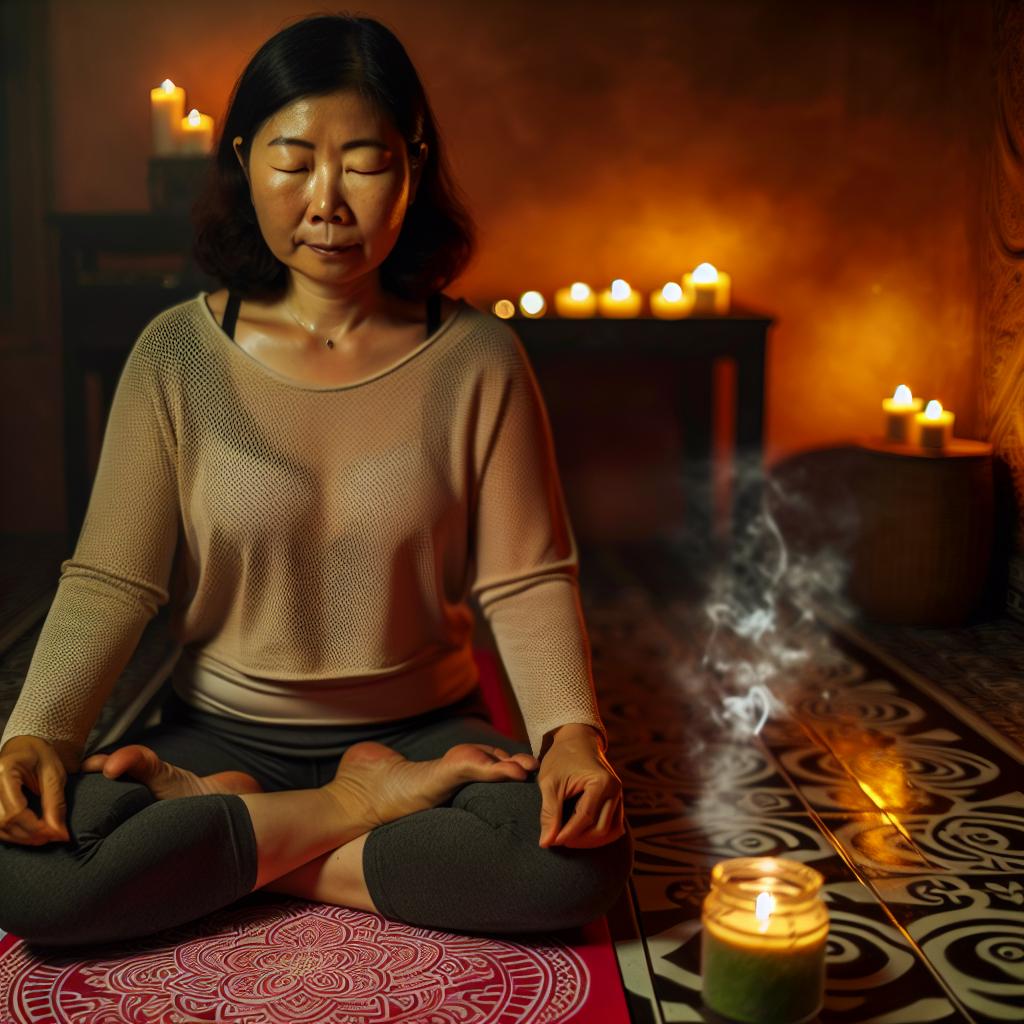 A person sitting cross-legged on a yoga mat, surrounded by candles and incense, with a look of concentration on their face as they engage in deep breathing exercises.